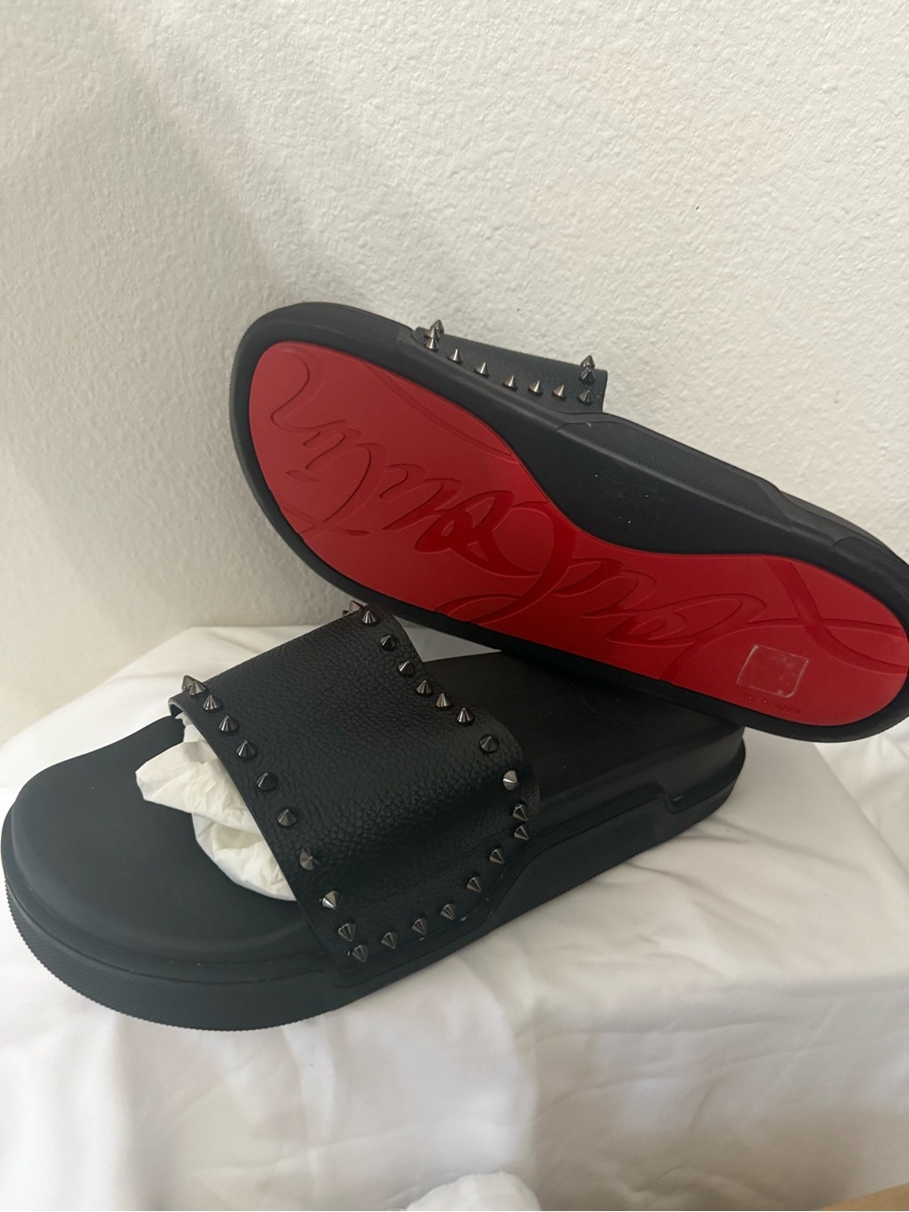 Christian Louboutin Black Leather Studded Slide Sandals with Red Solemn Bottom